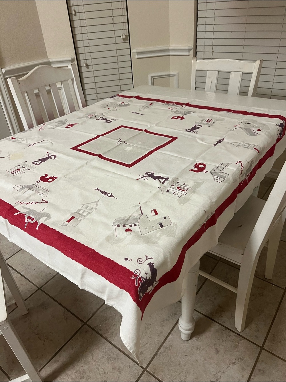 Vintage Mid-Century Scandinavian Folk Art Tablecloth 48x48 Red Rooster Linen